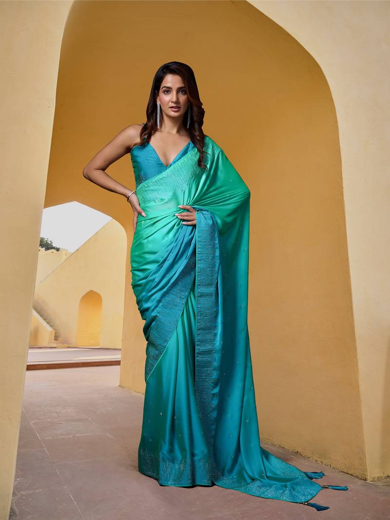 Women's Sky Blue Silk Saree Heavy Embroidered Work Saree