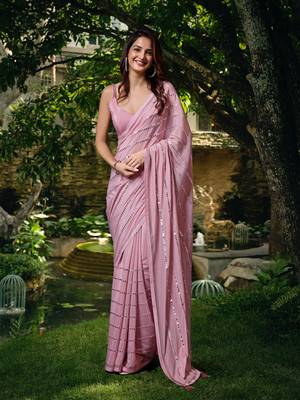 Silk Paper Mirror Work Embroidery Party Wear Saree With Blouse 1