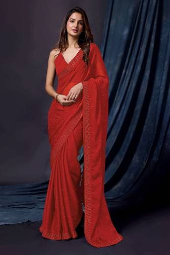 Women's Red Chiffon Embroidered Work Party Wear Saree