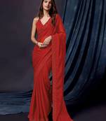 Women's Red Chiffon Embroidered Work Party Wear Saree