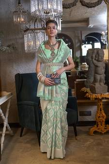  light blue printed linen saree with blouse