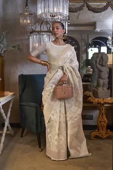  off white printed linen saree with blouse