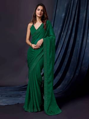 Trendmalls Women's Dark Green Chiffon Embroided Saree with Blouse 1