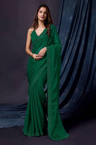 Women's Dark Green Chiffon Embroided Saree with Blouse