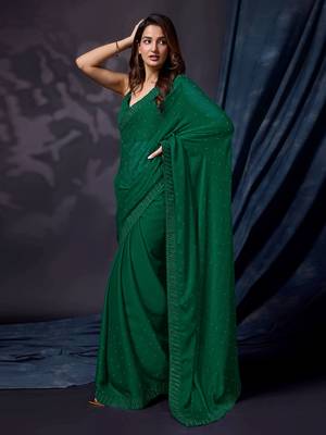 Trendmalls Women's Dark Green Chiffon Embroided Saree with Blouse 2
