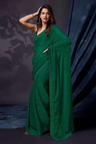 Trendmalls Women's Dark Green Chiffon Embroided Saree with Blouse