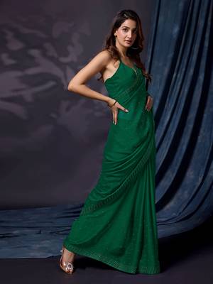 Trendmalls Women's Dark Green Chiffon Embroided Saree with Blouse 3