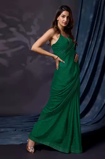 Trendmalls Women's Dark Green Chiffon Embroided Saree with Blouse