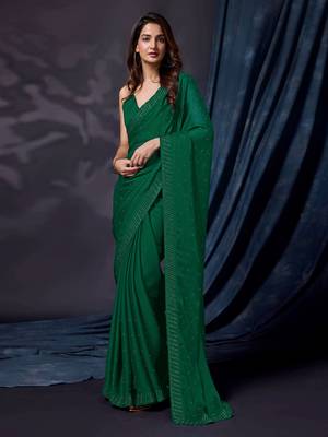 Trendmalls Women's Dark Green Chiffon Embroided Saree with Blouse 4