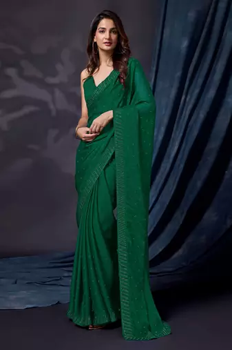 Trendmalls Women's Dark Green Chiffon Embroided Saree with Blouse
