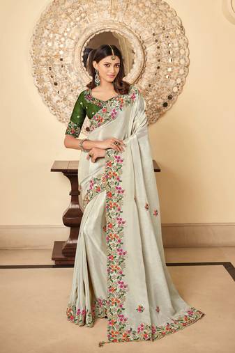 Trendmalls  Beige Silk Heavy Embroidery Work Party Wear Saree With Blouse