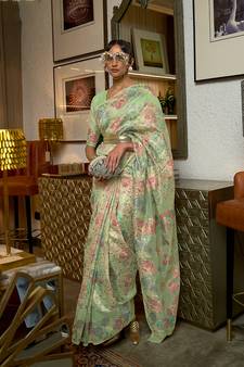  light green printed silk blend saree with blouse