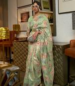  light green printed silk blend saree with blouse