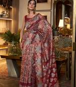 Red printed silk Blend saree with blouse