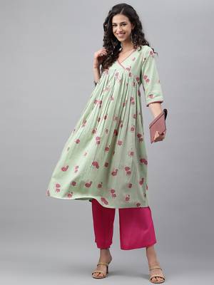 Light-sea-green printed cotton ethnic-kurtis 1