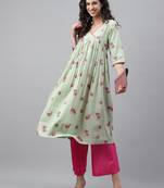 Light-sea-green printed cotton ethnic-kurtis
