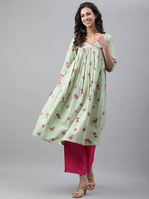 Light-sea-green printed cotton ethnic-kurtis 2