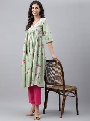 Light-sea-green printed cotton ethnic-kurtis 3