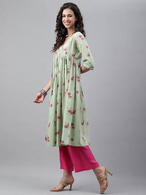 Light-sea-green printed cotton ethnic-kurtis 4
