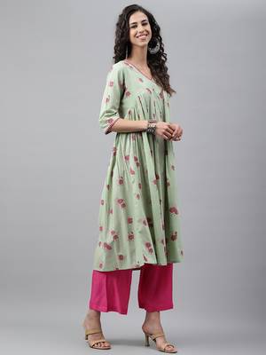 Light-sea-green printed cotton ethnic-kurtis 5