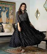 Women's Rayon Black Leheriya Striped Printed Long Flared Gown Kurti