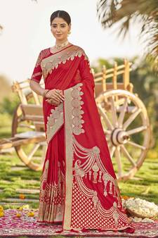 Red woven banarasi silk saree with blouse