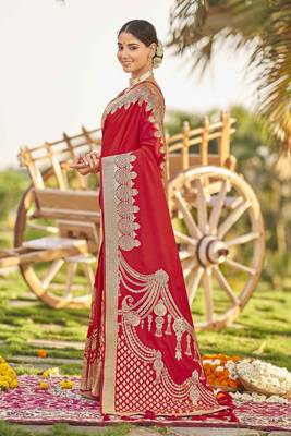 Red woven banarasi silk saree with blouse 2