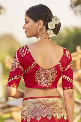 Red woven banarasi silk saree with blouse 5