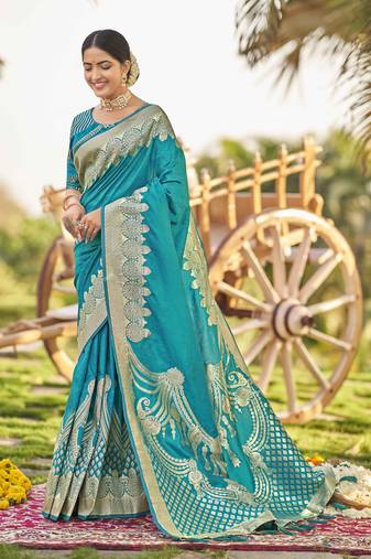 Blue woven banarasi silk saree with blouse