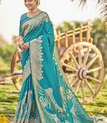 Blue woven banarasi silk saree with blouse
