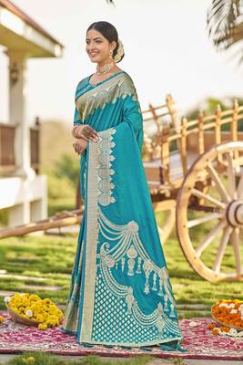 Blue woven banarasi silk saree with blouse 2