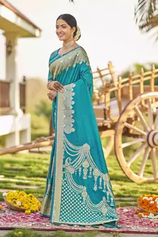 Blue woven banarasi silk saree with blouse
