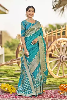 Blue woven banarasi silk saree with blouse
