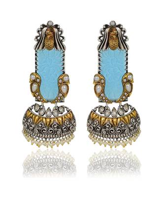 Turquoise Blue Carved Long  Jhumki Earrings 2