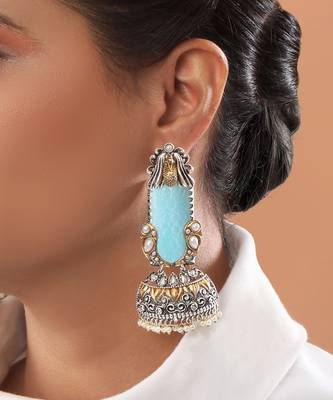 Turquoise Blue Carved Long  Jhumki Earrings 1