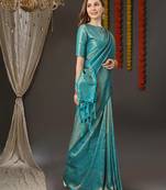 KORAMS DESIGN BANARASI SOFTY SILK TEAL COPPER WEAVING SAREE WITH BLOUSE
