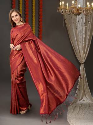 BANARASI SOFTY SILK RED COPPER WEAVING SAREE WITH BLOUSE 2
