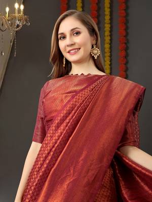 BANARASI SOFTY SILK RED COPPER WEAVING SAREE WITH BLOUSE 3