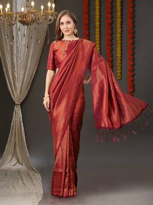 BANARASI SOFTY SILK RED COPPER WEAVING SAREE WITH BLOUSE 4