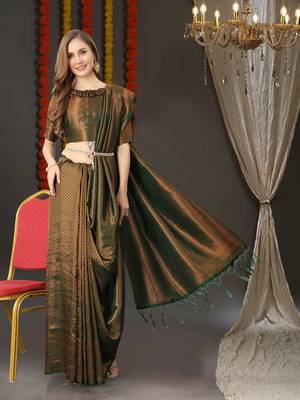 BANARASI SOFTY GREEN GREY COPPER WEAVING SAREE WITH BLOUSE 2