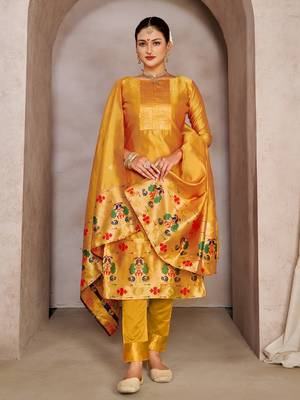 Amazing Paithani Woven Yellow Colour Tapeta Silk Salwaar Kameez 1