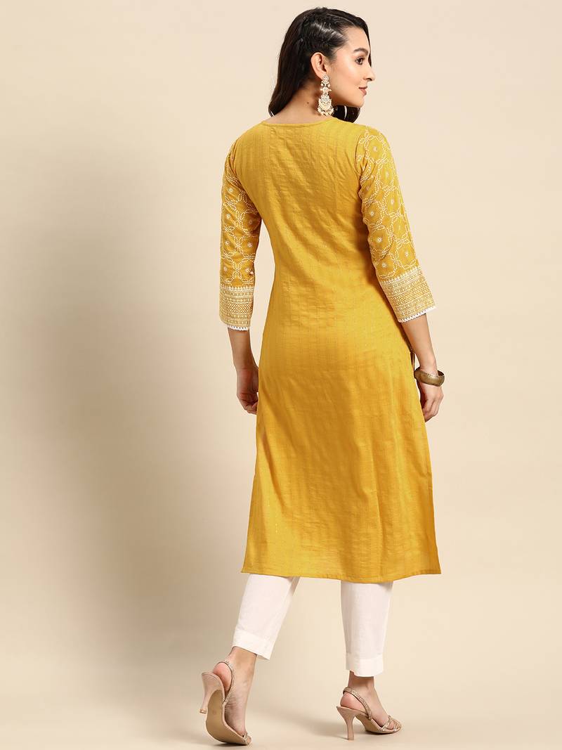 Yellow Colour Cotton Kurti With Floral Print And Light Embroidery Work
