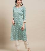 Designer Traditional Printed Ethnic Touch Rayon Kurti In Light Blue Colour