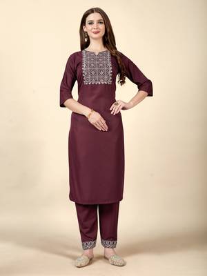 Ethnic Solid Wine Colour Kurti With Smart Embroidery Work 1