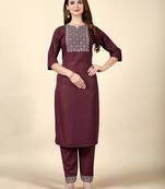 Ethnic Solid Wine Colour Kurti With Smart Embroidery Work