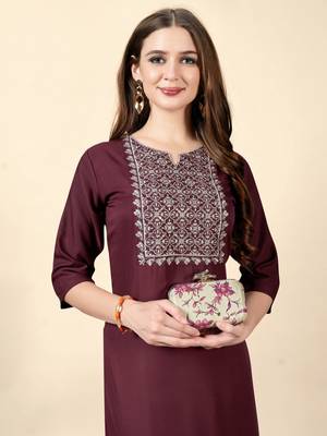 Ethnic Solid Wine Colour Kurti With Smart Embroidery Work 3
