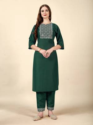 Ethnic Solid Green Colour Kurti With Smart Embroidery Work 1