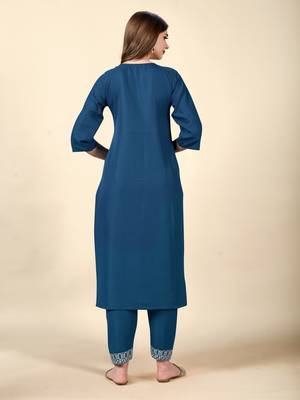 Ethnic Solid Teal Blue Colour Kurti With Smart Embroidery Work 2