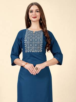 Ethnic Solid Teal Blue Colour Kurti With Smart Embroidery Work 3