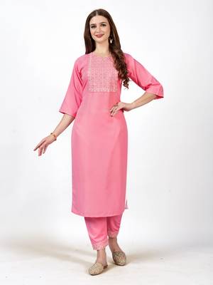 Ethnic Solid Pink Colour Kurti With Smart Embroidery Work 1